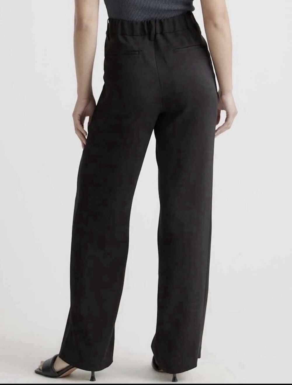 Quince Pants Sz 6 Black Crepe Pleated Zip Stretch Wide Leg Pockets NWOT Hi Rise